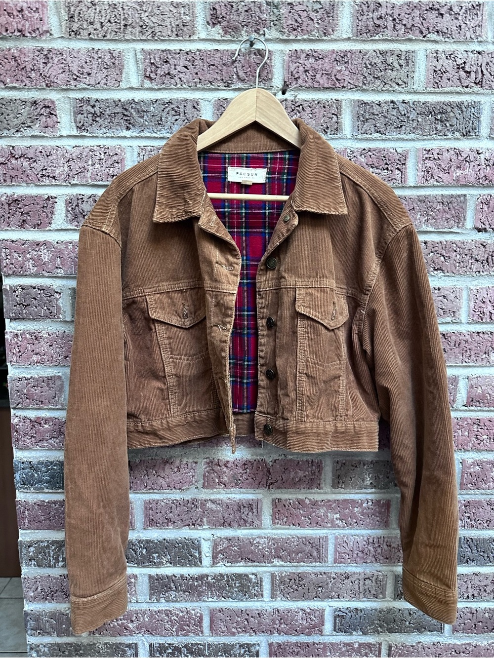 PacSun Cropped Brown Corduroy Jacket with Red Plaid Lining